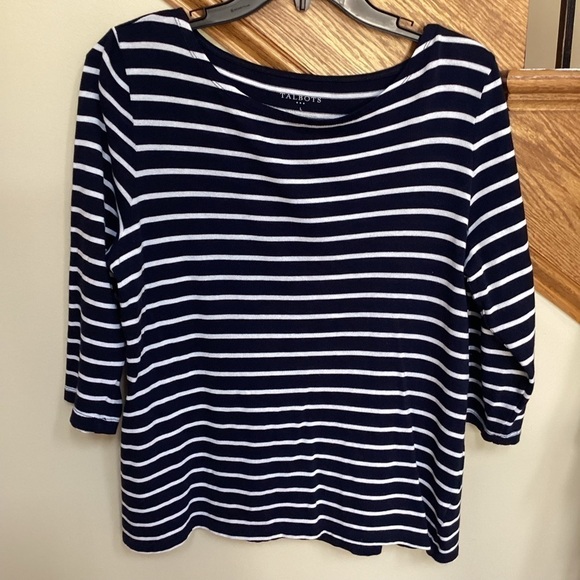 Talbot’s 3/4 length sleeve women’s Blouse. Size Large Navy white stripe - Picture 1 of 5